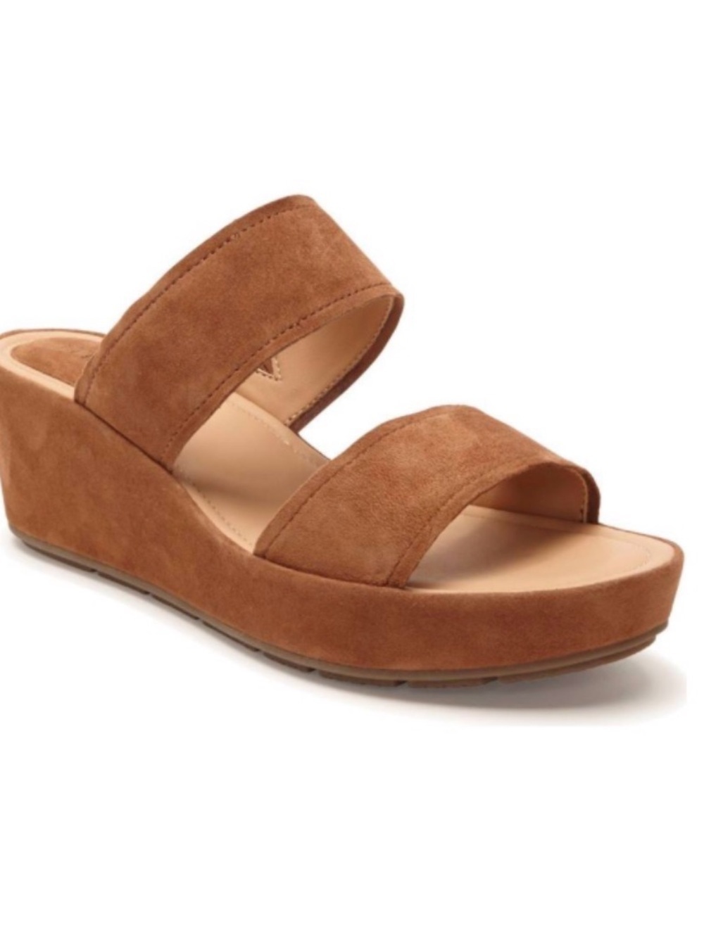 Two-Strap Suede Wedge Sandal - Cognac Brown